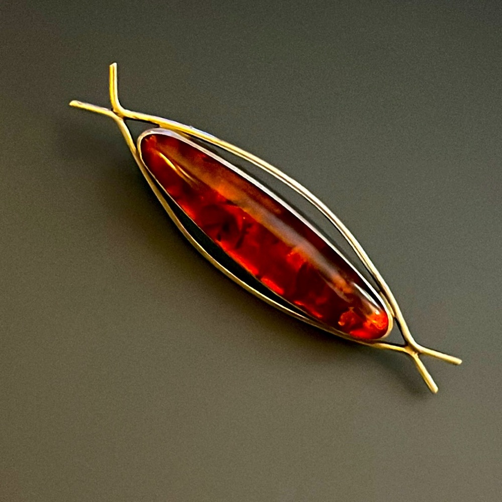 Vintage mid-century modern Scandinavian Amber and silver pin - Picture 5 of 13